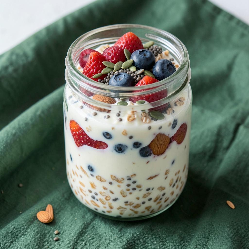 Mixed Berry & Seed Protein Oats - overnight oats in a glass jar