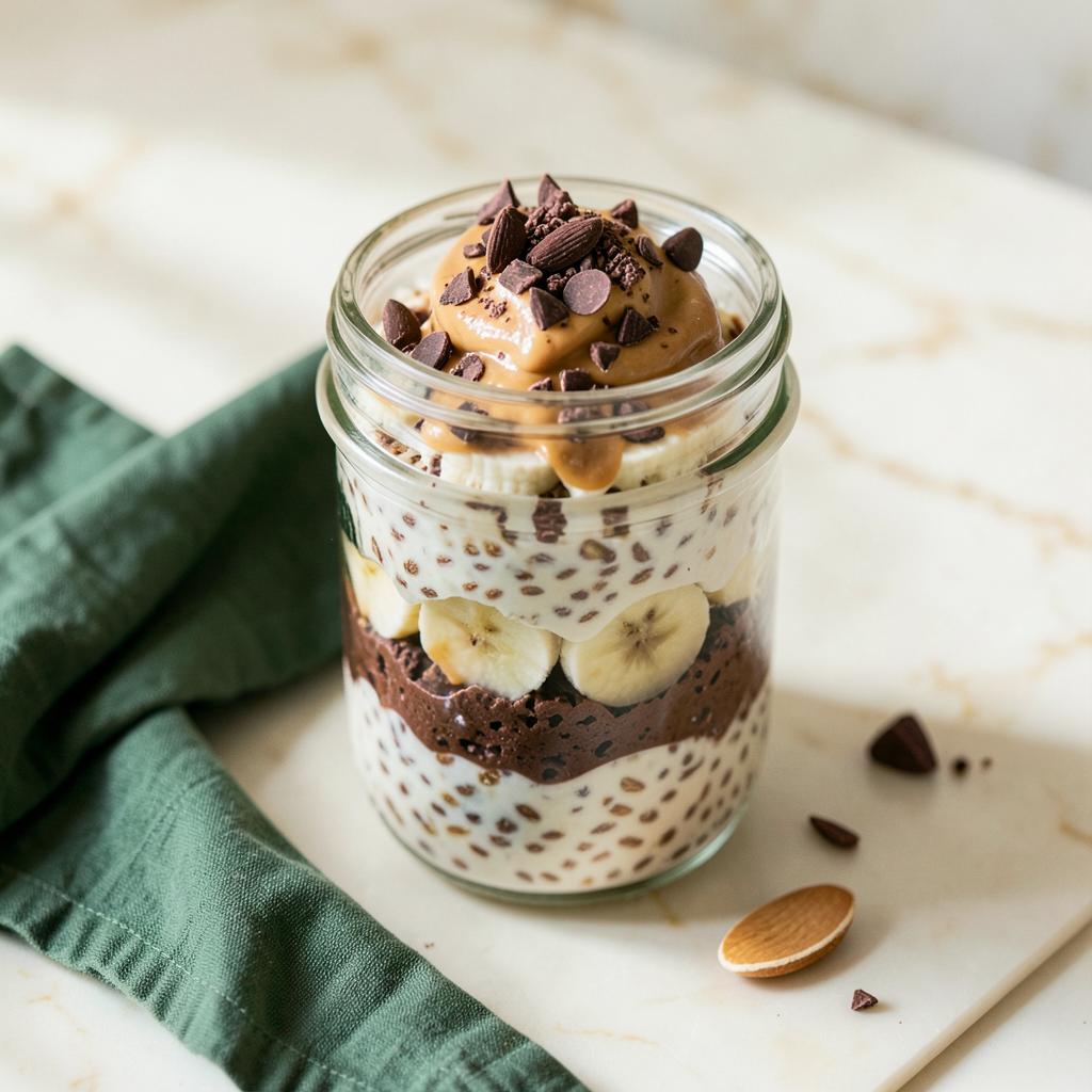Dark Choco Banana Protein Oats - overnight oats in a glass jar